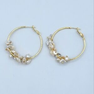 Freshwater Pearl Earrings Wire Wrapped Goldtone Hoop Earrings NEW #2086